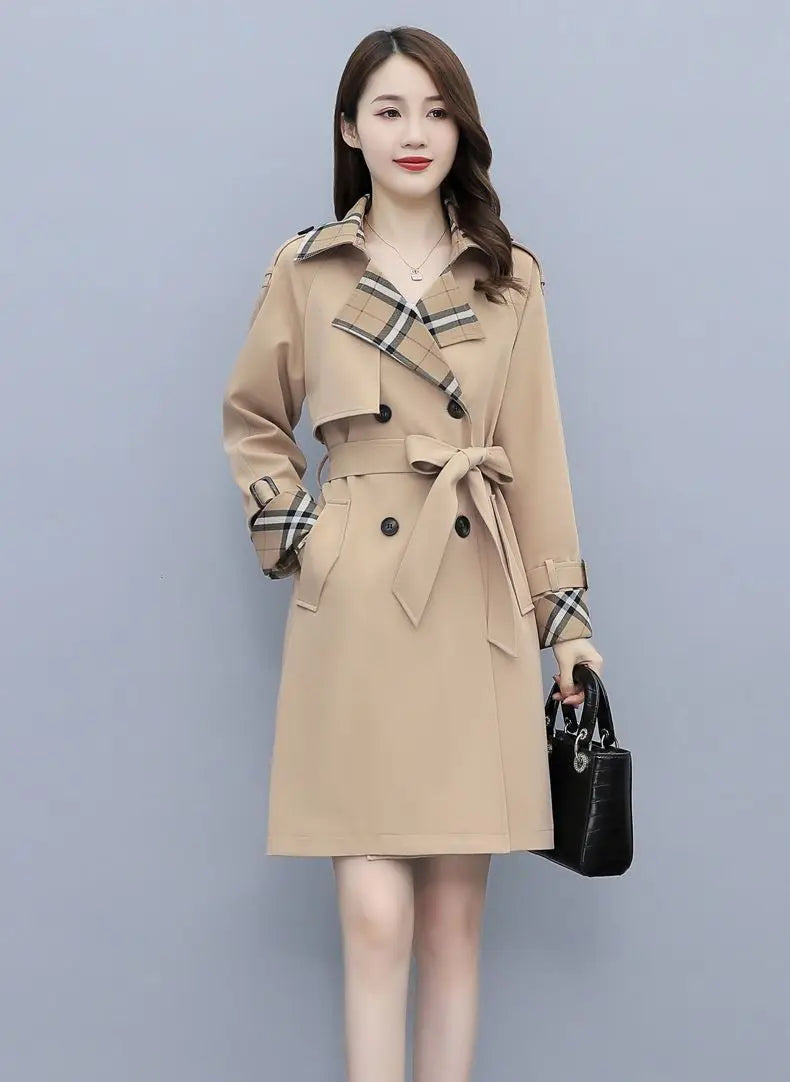 Women Trench Coat 2024 Spring New Style Lapel Collar Khaki Double Breasted Button Office Lady Windbreaker Coat