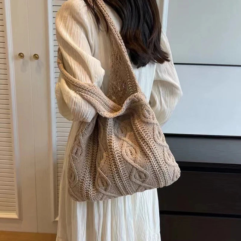 Wool Knitted Shoulder Shopping Bag for Women Vintage Cotton Cloth Girls Tote Shopper Bag Large Female Handbag Crochet Bag