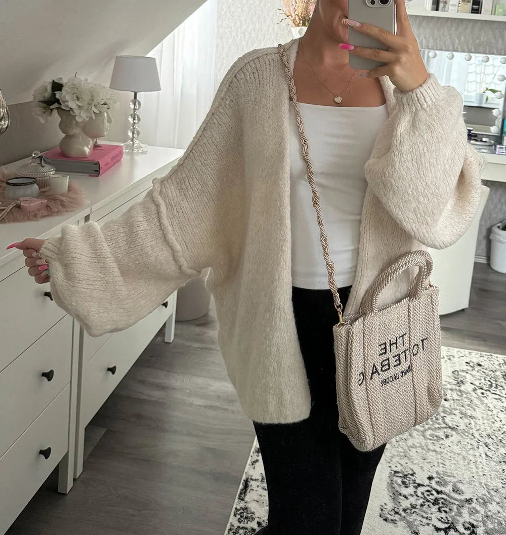 Autumn Winter New Casual Knitted Sweater Cardigan Jacket Loose Long Sleeve Solid Color Mid-length Sweater Women Cardigan Jacket