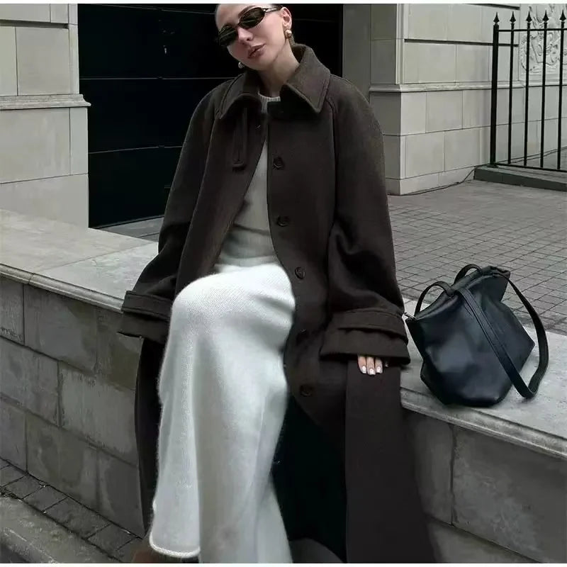Women's Coat 2025 Winter New Style Dark Brown Long-Sleeve Belted Loose-Fit Long Woolen Coat Fashionable and Stylish