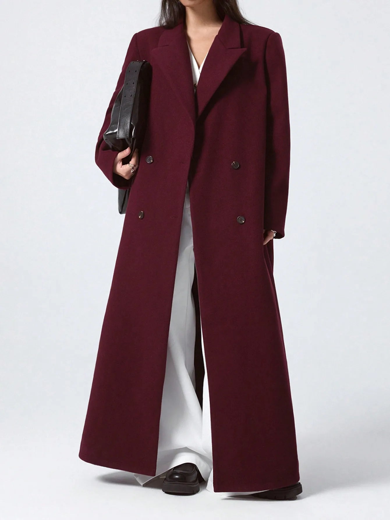 Wine-red Woolen Coat For Women, Long Autumn New Slim-fit Overcoat, Hepburn-style Knee-length Wool Coat