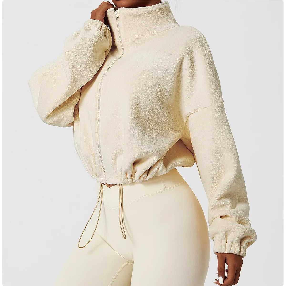 Women's warm sports and leisure jacket, autumn and winter fleece stand up collar loose and plush warm short jacket