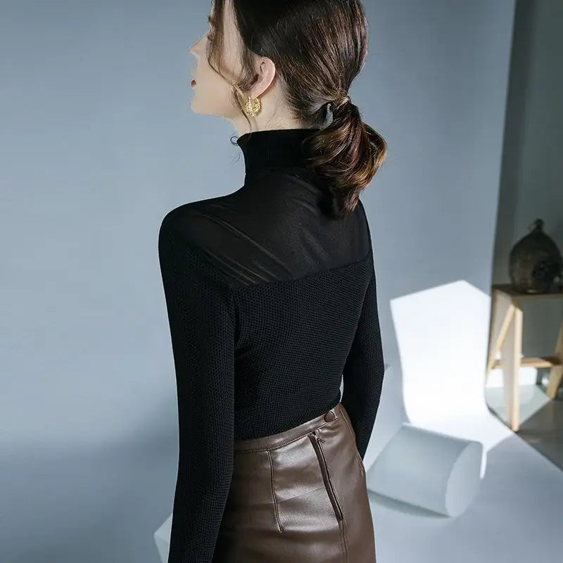 Women's Clothing Sexy See Through Mesh Patchwork Black Basic T-Shirts High Collar Elegant Chic Bright Silk Long Sleeve Slim Tops