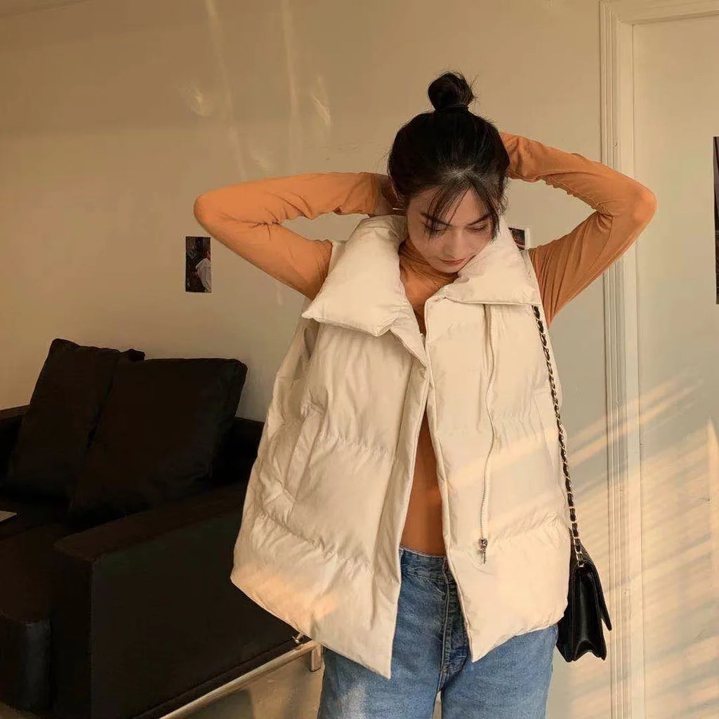 Women's Winter Short down Sleeveless Vest Warm Stand Collar Zipper Jacket Casual Fashion Quilted Cropped Coats Street Outerwear