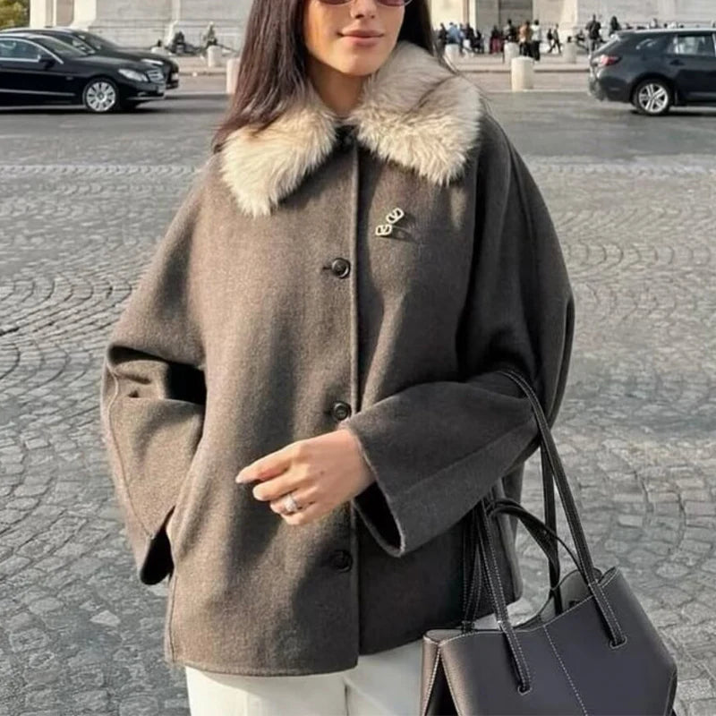 Womens Fashion Coat With Fur Collar Single Breasted Wool Coat Stylish And Versatile Suitable For Everyday And Work Wear