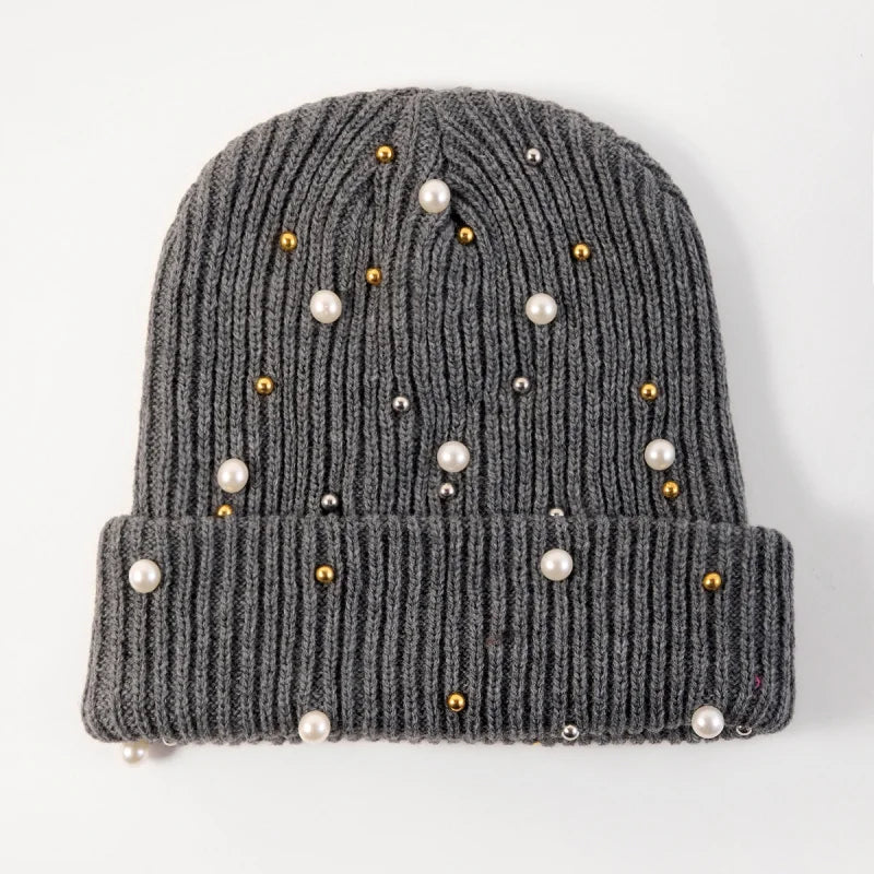 New Autumn And Winter Woolen Hat For Women, Fashionable Pearl Embellishment, Winter Warm Knitted Hat