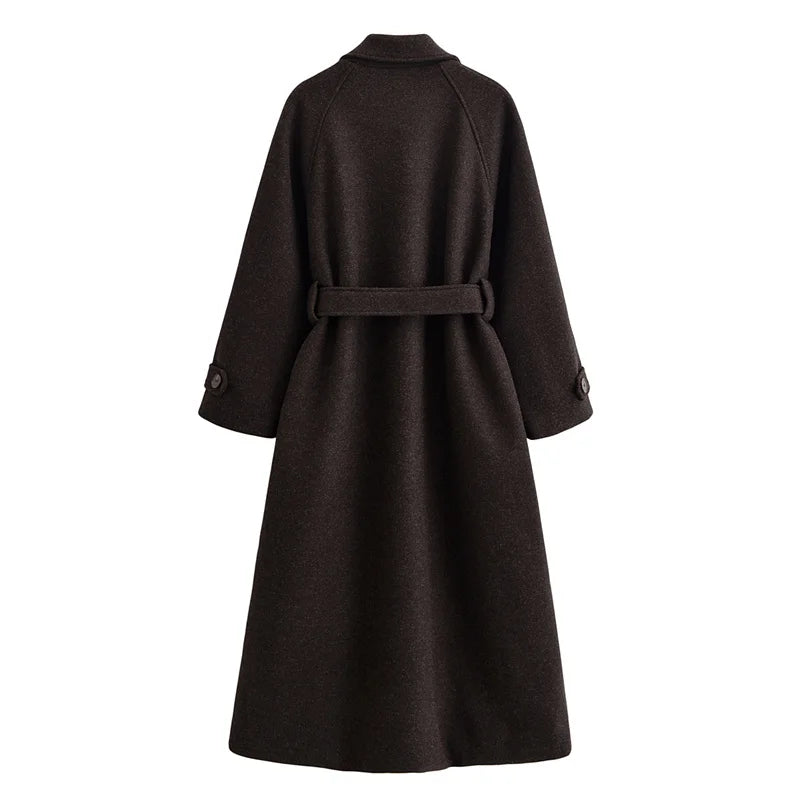 Women's Coat 2025 Winter New Style Dark Brown Long-Sleeve Belted Loose-Fit Long Woolen Coat Fashionable and Stylish