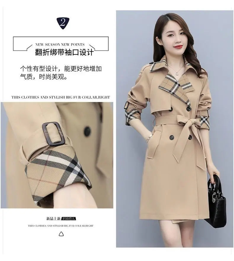 Women Trench Coat 2024 Spring New Style Lapel Collar Khaki Double Breasted Button Office Lady Windbreaker Coat