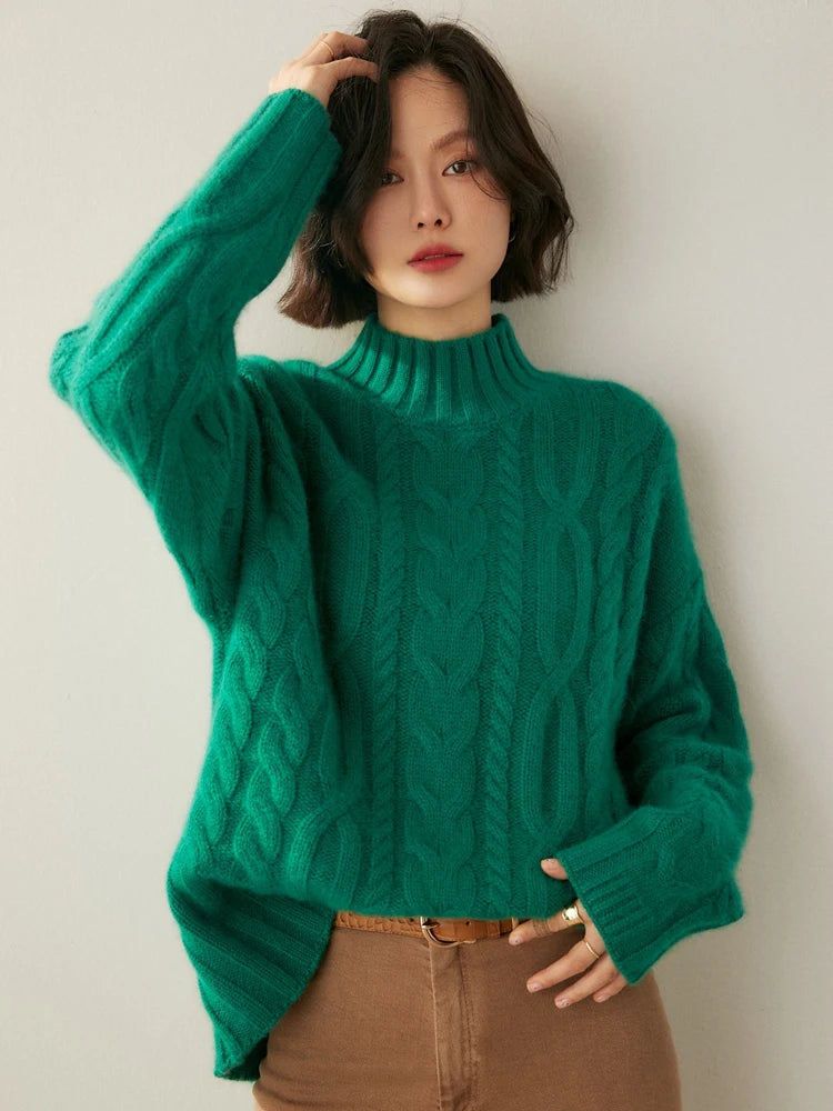 Women 100% Cashmere Sweater Mock Neck Pullover Cable Knitting Vintage Loose Style Thickened Cashmere Knitwear Autumn Winter Tops