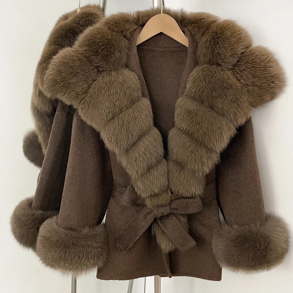 Wool Coat Women Woman New Fashion Winter Autumn Real Fur Jacket Luxury Real Fox Fur Coats Ladies Belt Design Woolen Outwear
