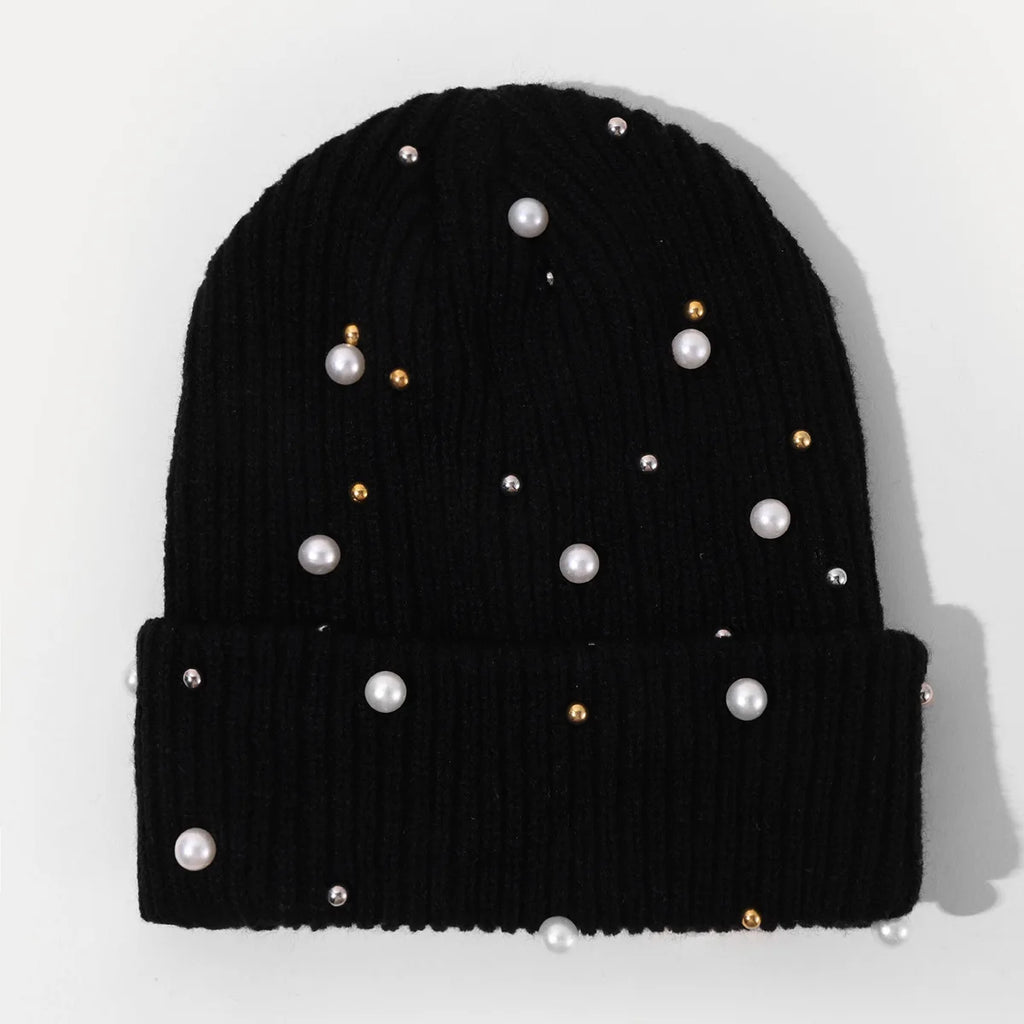 New Autumn And Winter Woolen Hat For Women, Fashionable Pearl Embellishment, Winter Warm Knitted Hat