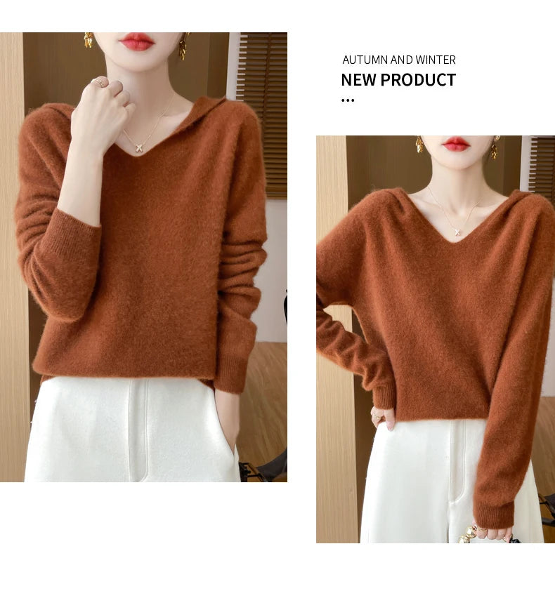 Women Autumn Winter Clothing Hooded Collar Pullover 100% Merino Wool Sweater New Fashion Cashmere Tops Bottoming Knitwear Soft