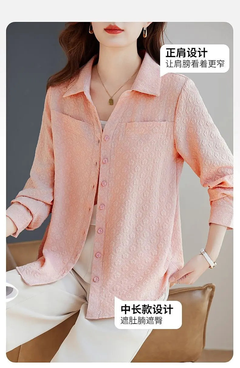 Long-sleeved Shirt for Women Autumn New Fashion Casual Versatile Jacket Fashionable Jacquard Lapel Belly-reducing Top Trendy