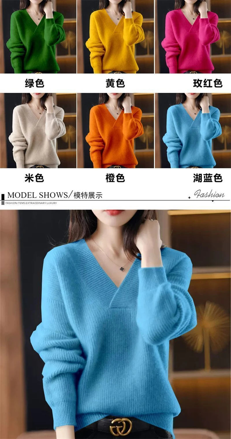 Cashmere Sweater Women's 100% Wool Sweater Fashion V-neck Knitted Pullover 2024 Winter and Autumn New Loose Solid Soft Sweater