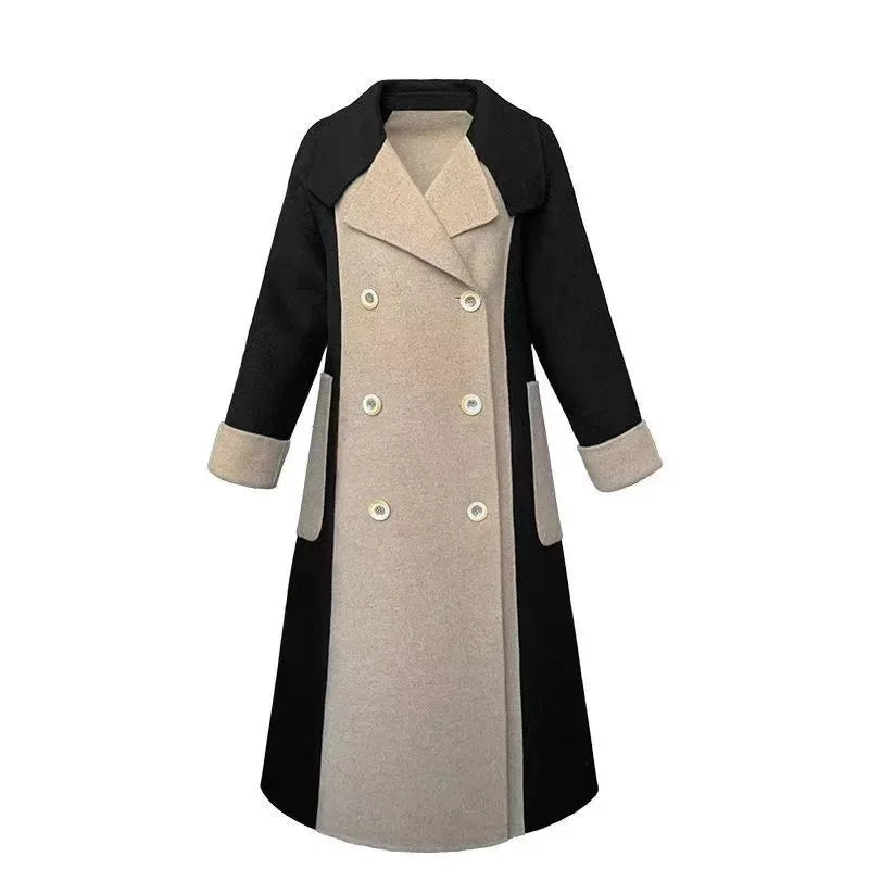 New Autumn Winter Women Coat Color Matching Turn-down Collar Double-breasted Mid Length Lady Coat Double-sided Female Overcoat