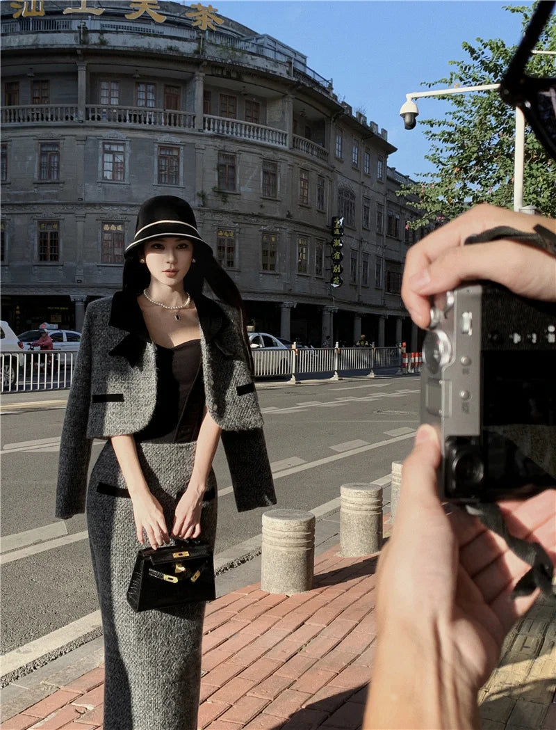 Winter Outfit Women 2024 New Elegant Lady Thickened 2 Pieces Sets Women Sweet Fashion Short Coat High Waist Long Skirt Suits