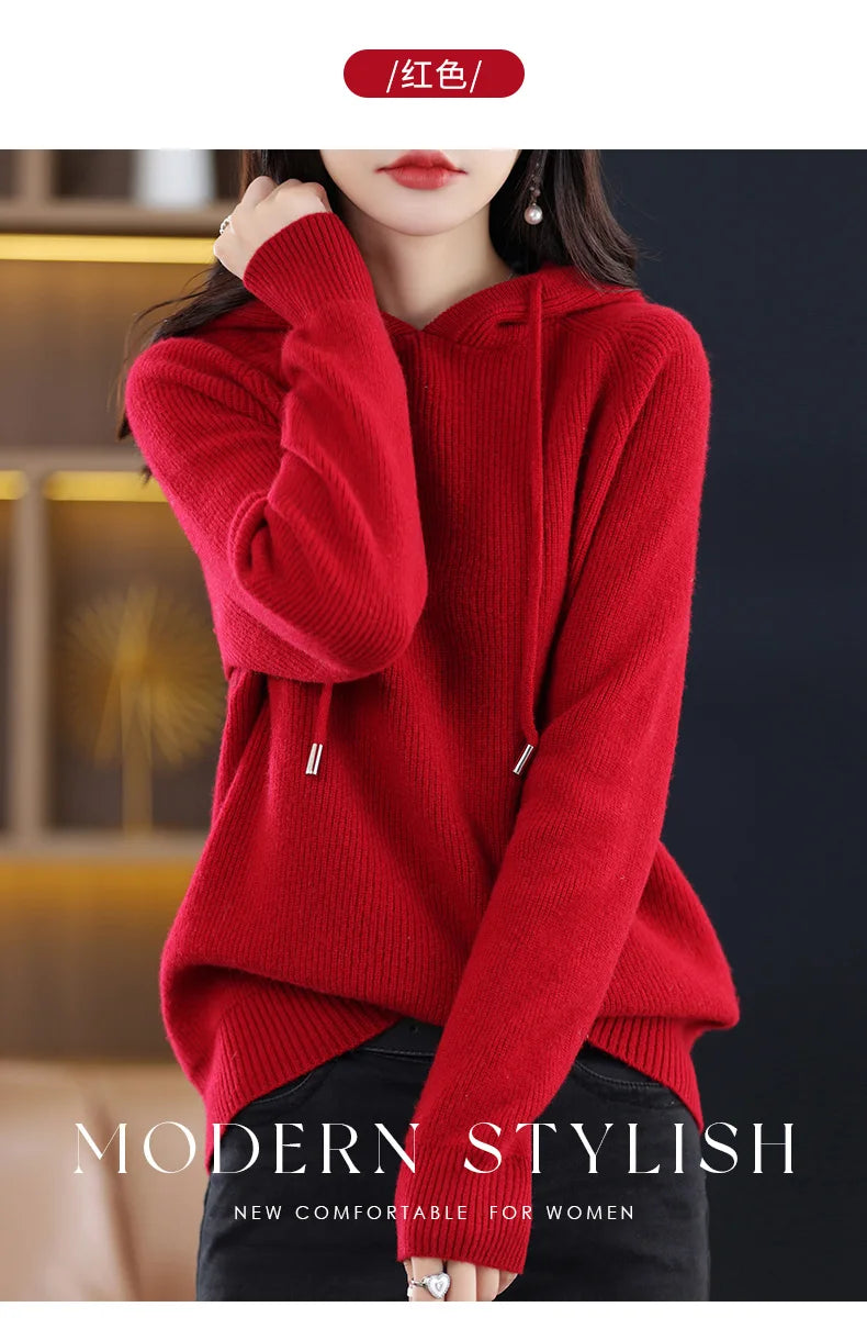 2023 New Cashmere hooded sweater Women Long Sleeve Autumn and Winter Knit hooded Pullover Solid Color Cashmere Base