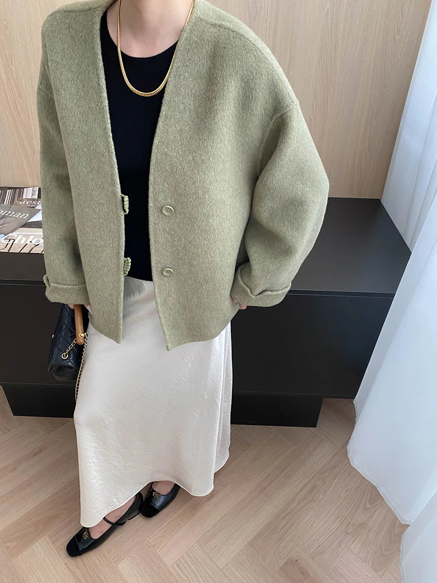 Winter women's casual solid color V-neck double-sided woolen coat jacket