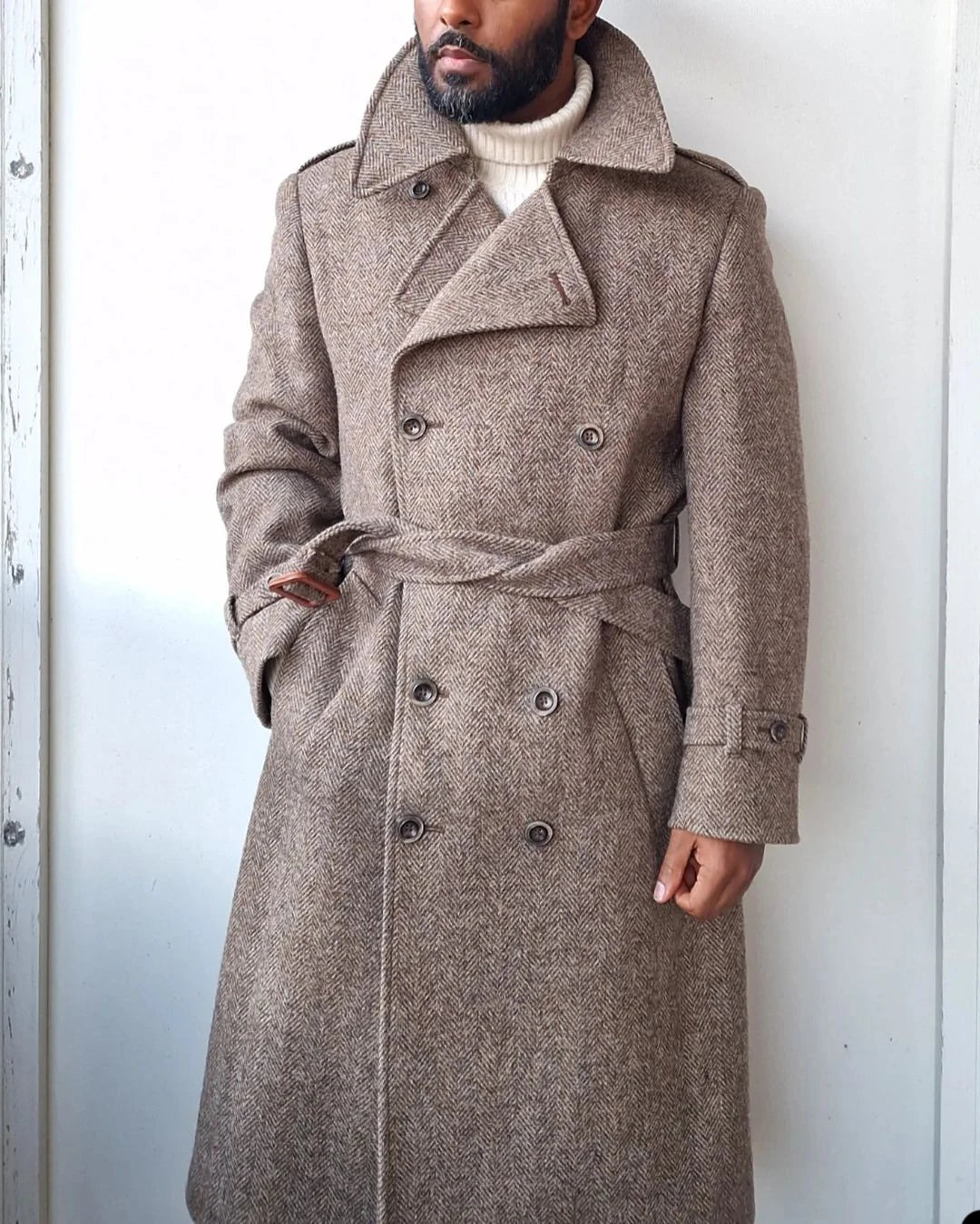 Men Long Coat Overcoat Herringbone Brown Gentlemen With Belt Double Breasted Warm Woolen Blend Business Causal Daily Tailored