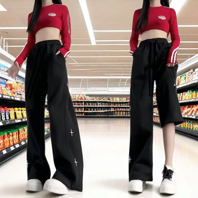 Wide-leg Trousers for Women Spring Summer Loose Thin Style Trendy for Students Petite Casual Sportswear, Straight-leg Pants