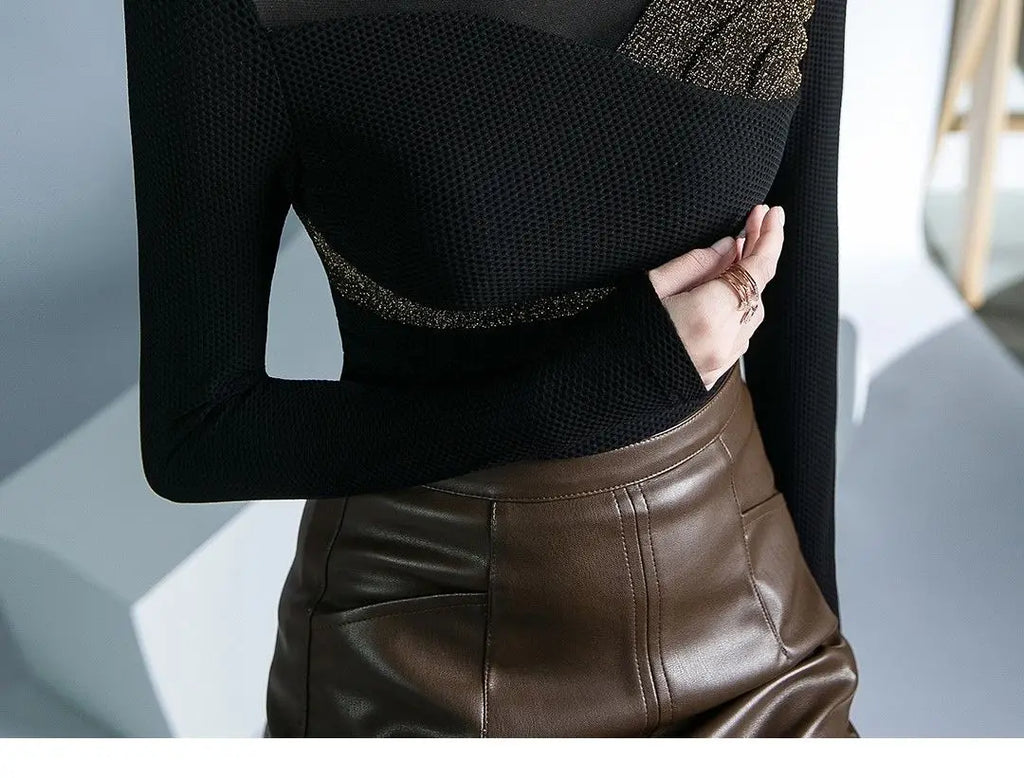 Women's Clothing Sexy See Through Mesh Patchwork Black Basic T-Shirts High Collar Elegant Chic Bright Silk Long Sleeve Slim Tops