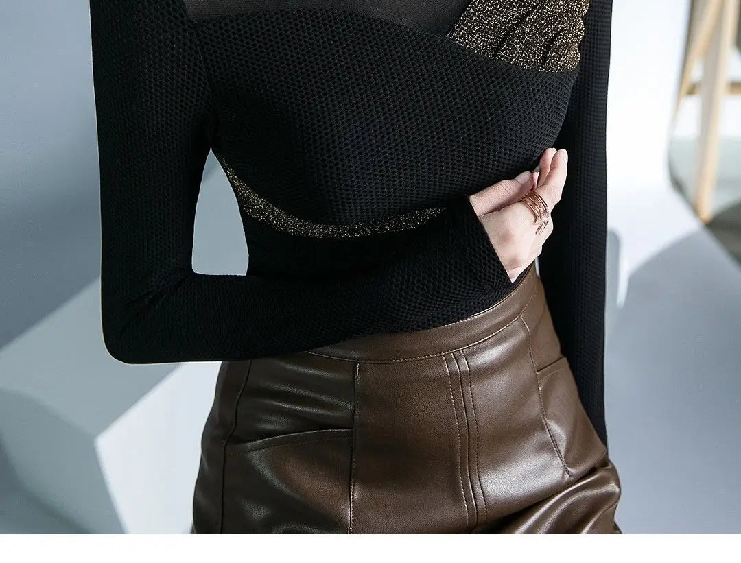 Women's Clothing Sexy See Through Mesh Patchwork Black Basic T-Shirts High Collar Elegant Chic Bright Silk Long Sleeve Slim Tops