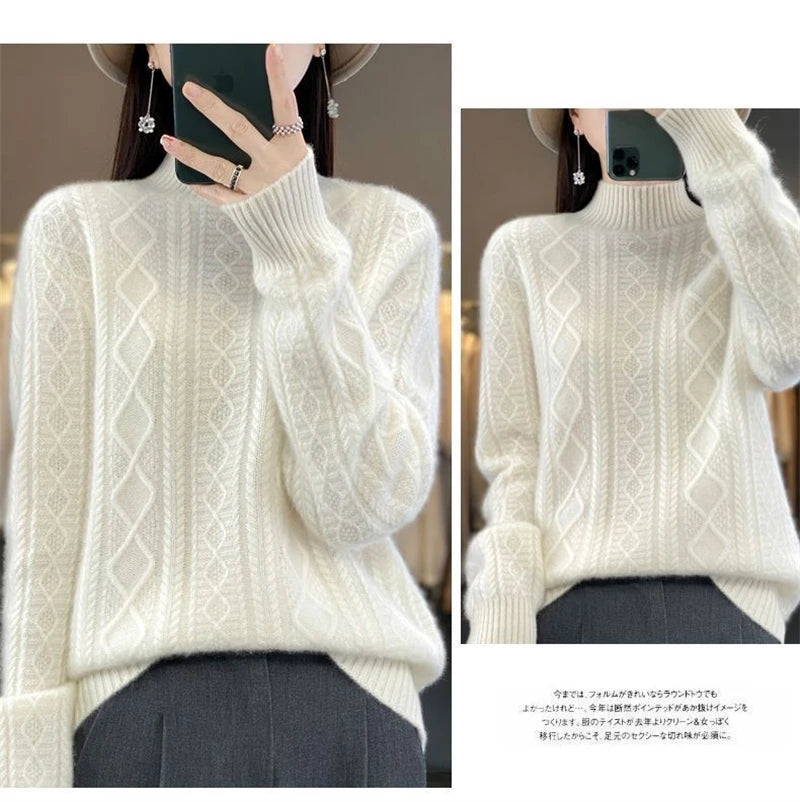 2024 New Women Autumn Winter Sweater Thick 100% Merino Wool Turtleneck Casual Cashmere Knitwaer Pullover Korean Fashion Tops