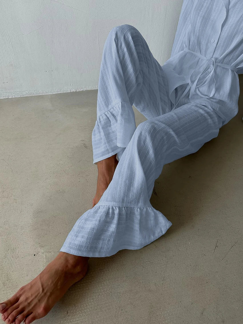 Marthaqiqiq Casual Women Nightgown 2 Piece Suit Long Sleeve Nightwear Turn-Down Collar Sleepwear Pants Loose Home Clothes Ladies