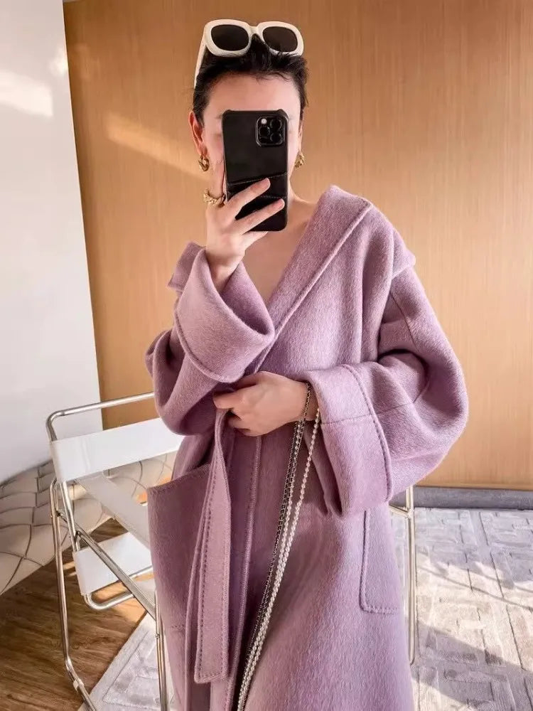 Purple Double-Sided Cashmere Coat For Women In Autumn And Winter, Fashionable And High-End, Loose And Medium Length Coat