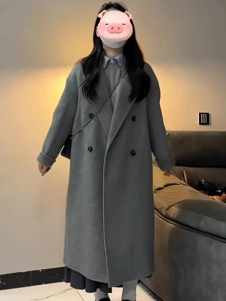 Vintage Faux Wool Coat Women Y2K Autumn Streetwear Loose Casual Midi Jacket Korean Elegant Office Ladies Blended Outwear New