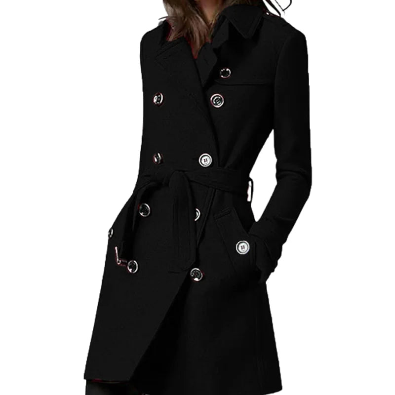 Women's Trench Coat Wool Blends Double Breasted Lining Jacket Belt Shoulder Badge Casual Coats Streetwear Women's Clothing