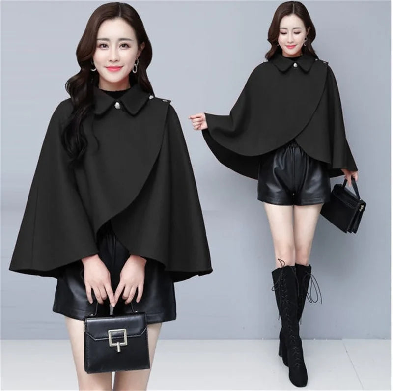Fashion Woolen Shawl Coat For Women 2025 Autumn Winter New Woolen Jacket Short Outerwear Cape Red Black Coat Tops Female