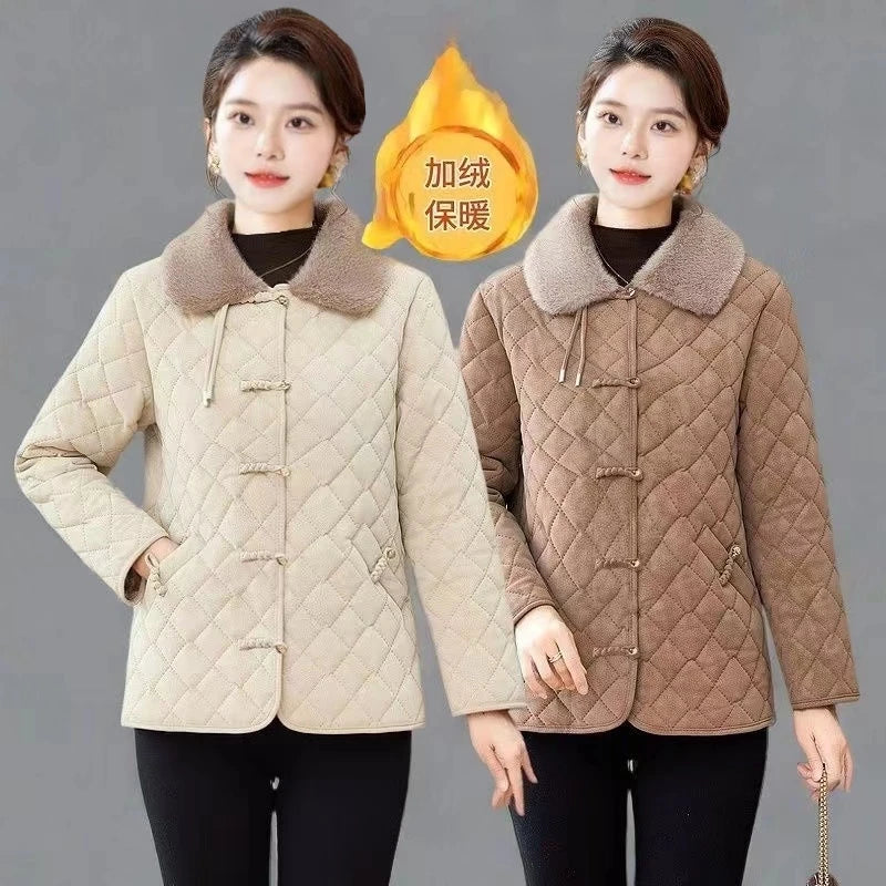 Winter Cotton Coat Women New Female Lapel Warm Parkas Overcoat Cotton-Padded Jacket Quilted Plaid Outerwear