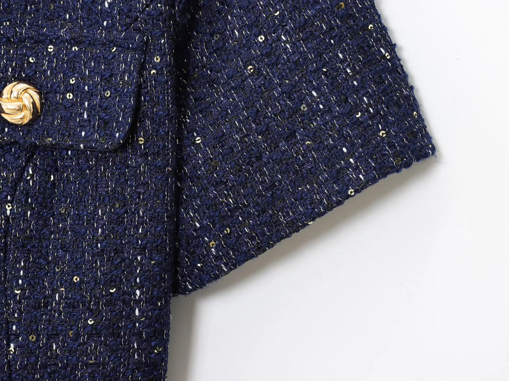 2025 Autumn New Women's Fashion Chic with Belt, Gold Button Decoration Round Neck Short Sleeve Blended Coat