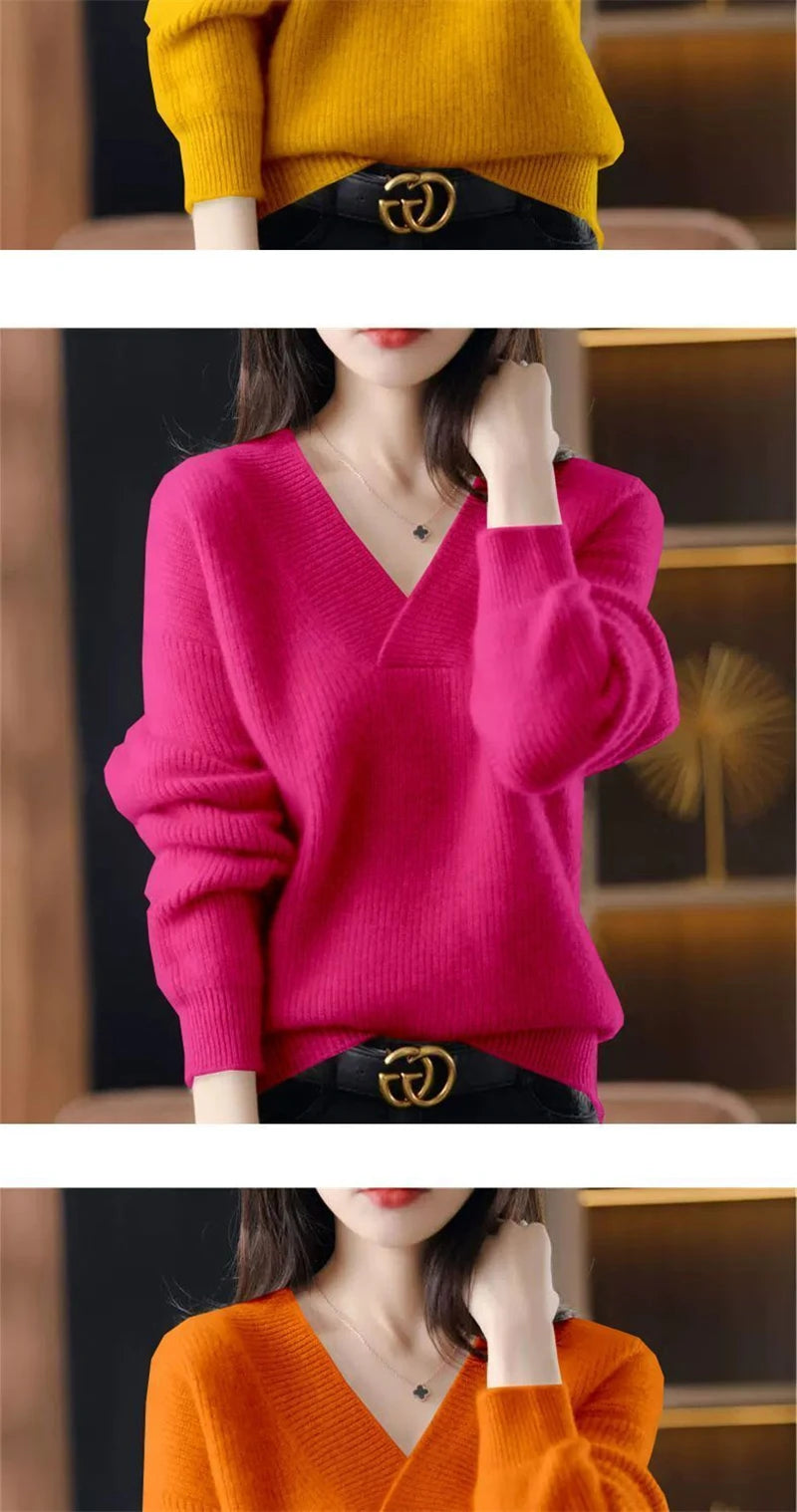Cashmere Sweater Women's 100% Wool Sweater Fashion V-neck Knitted Pullover 2024 Winter and Autumn New Loose Solid Soft Sweater