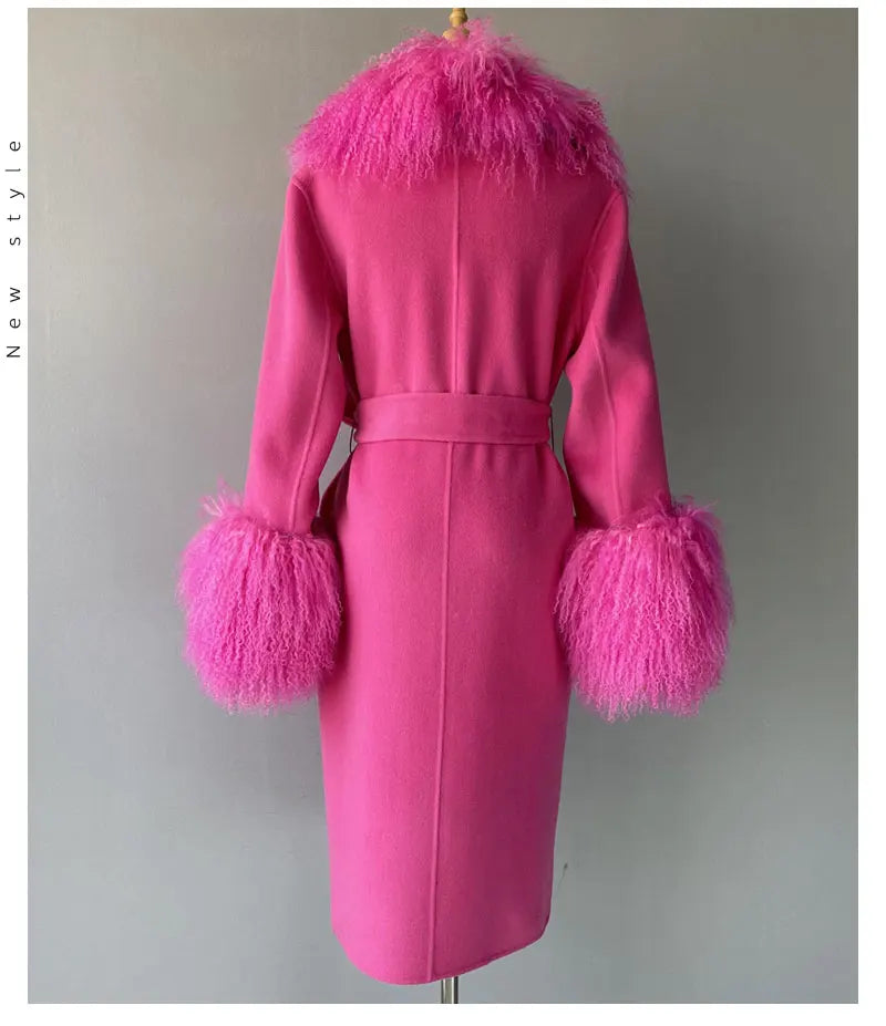 Women Cashmere Wool Coat With Real Mongolian Sheep Fur Collar  Ladies Autumn Winter Fashion Long Outwear Full Sleeve Fur Jacket