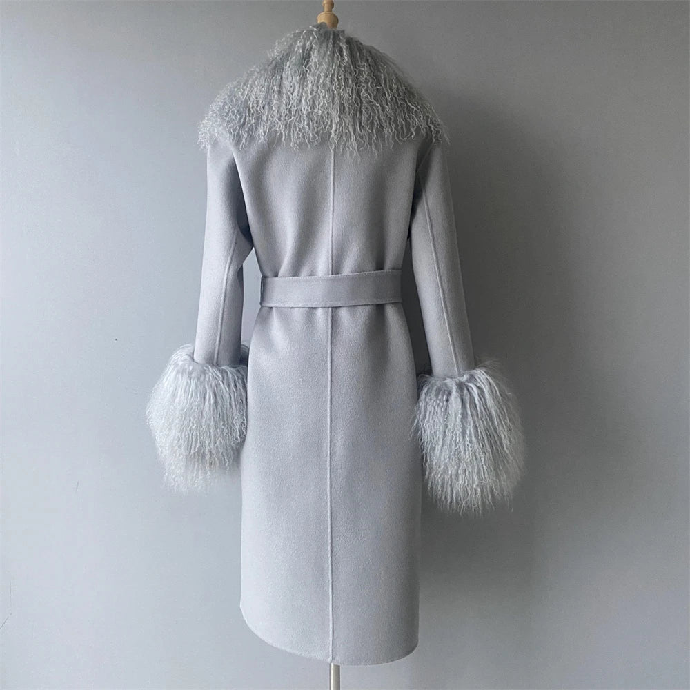 Women Cashmere Wool Coat With Real Mongolian Sheep Fur Collar  Ladies Autumn Winter Fashion Long Outwear Full Sleeve Fur Jacket