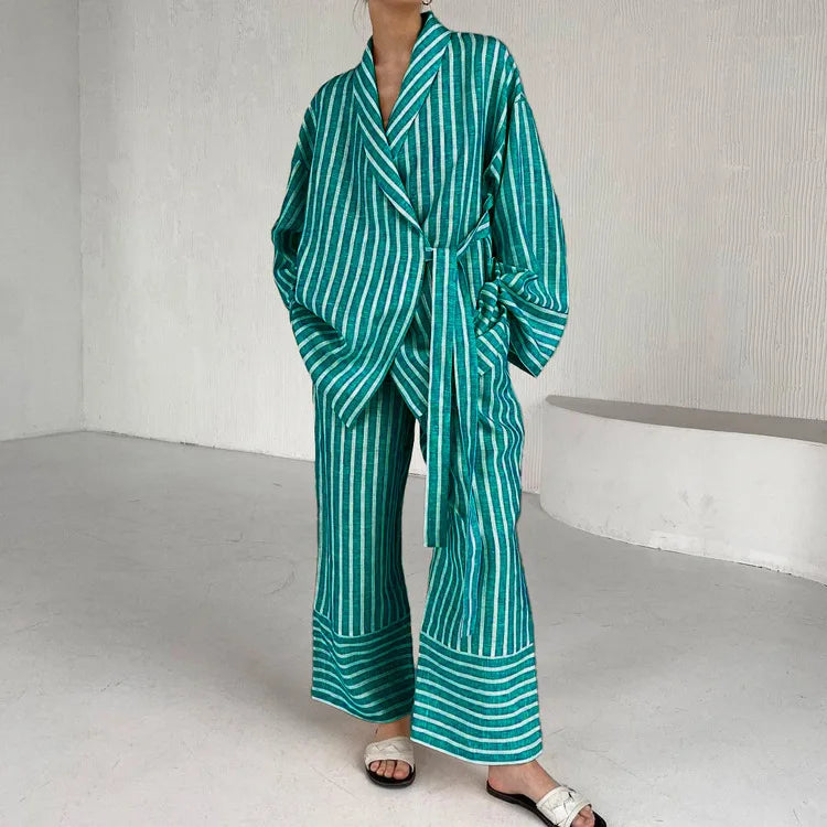 Women's Clothing 2025 Autumn New Striped Long-sleeved Loose Lace Top High Waist Trousers Fashionable Casual Suit