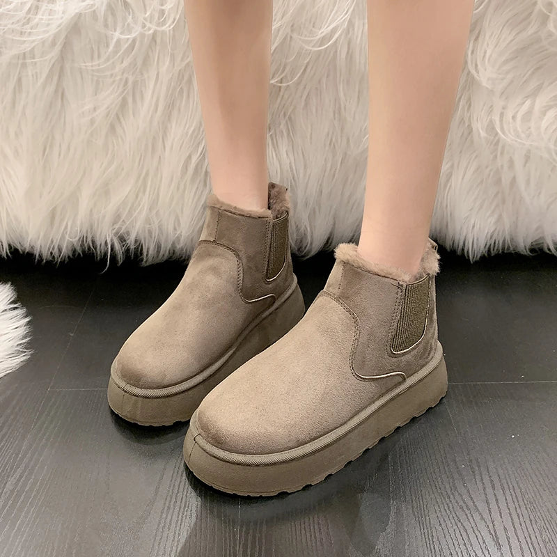 Winter Women Short Plush Warm Snow Boots Casual Shoes New Suede Fur Chelsea Ankle Boots Flats Platform Ladies Shoes Botas Mujer
