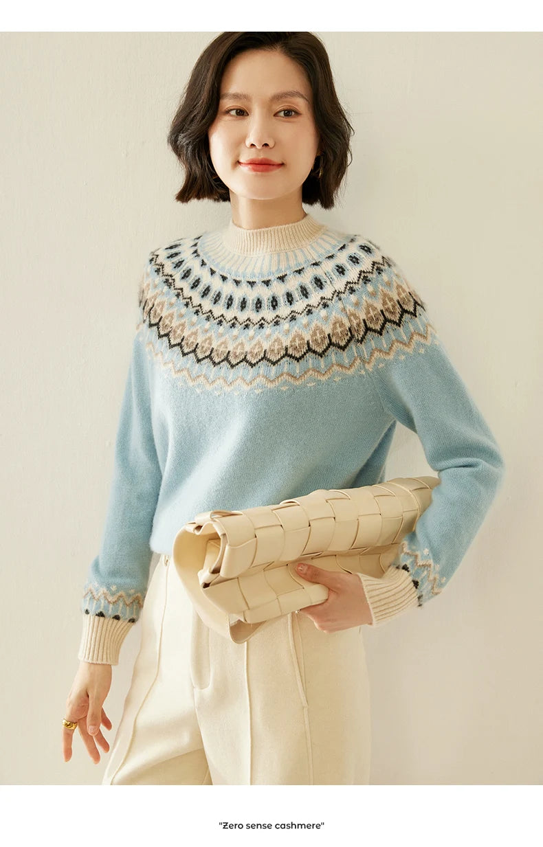 Autumn And Winter New Cashmere Sweater Fashion Women's Retro Round Neck Jacquard Cashmere Knitted Bottoming Shirt With Sweater