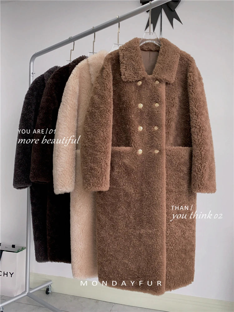 100% Wool Coat Women New Warm Sheep Shearing Long Solid Color Long Coat Lamb Wool casacos femininos inverno 2025