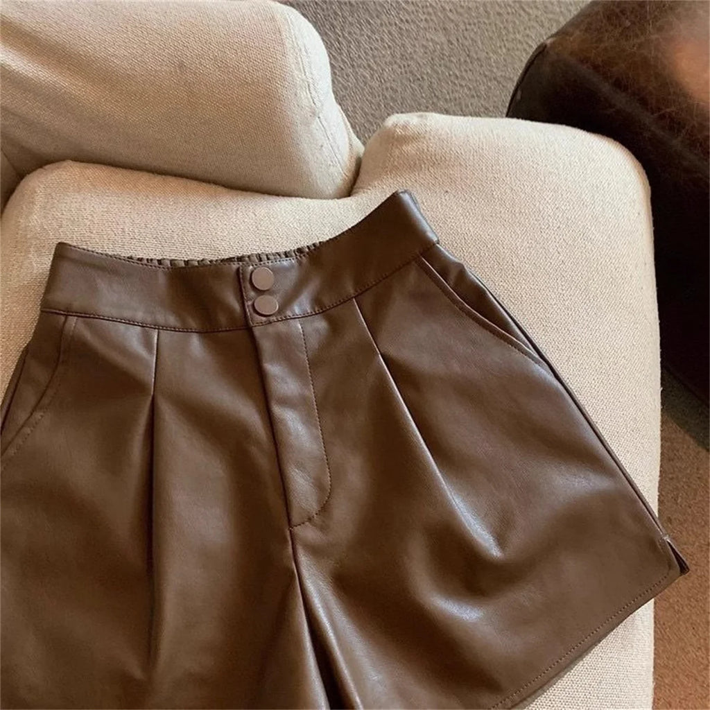 Fashion PU Shorts For Women 2025 Autumn Winter Retro New In Short Pant Solid High Waist Chic Shorts Lady Y2k Casual Street Wear
