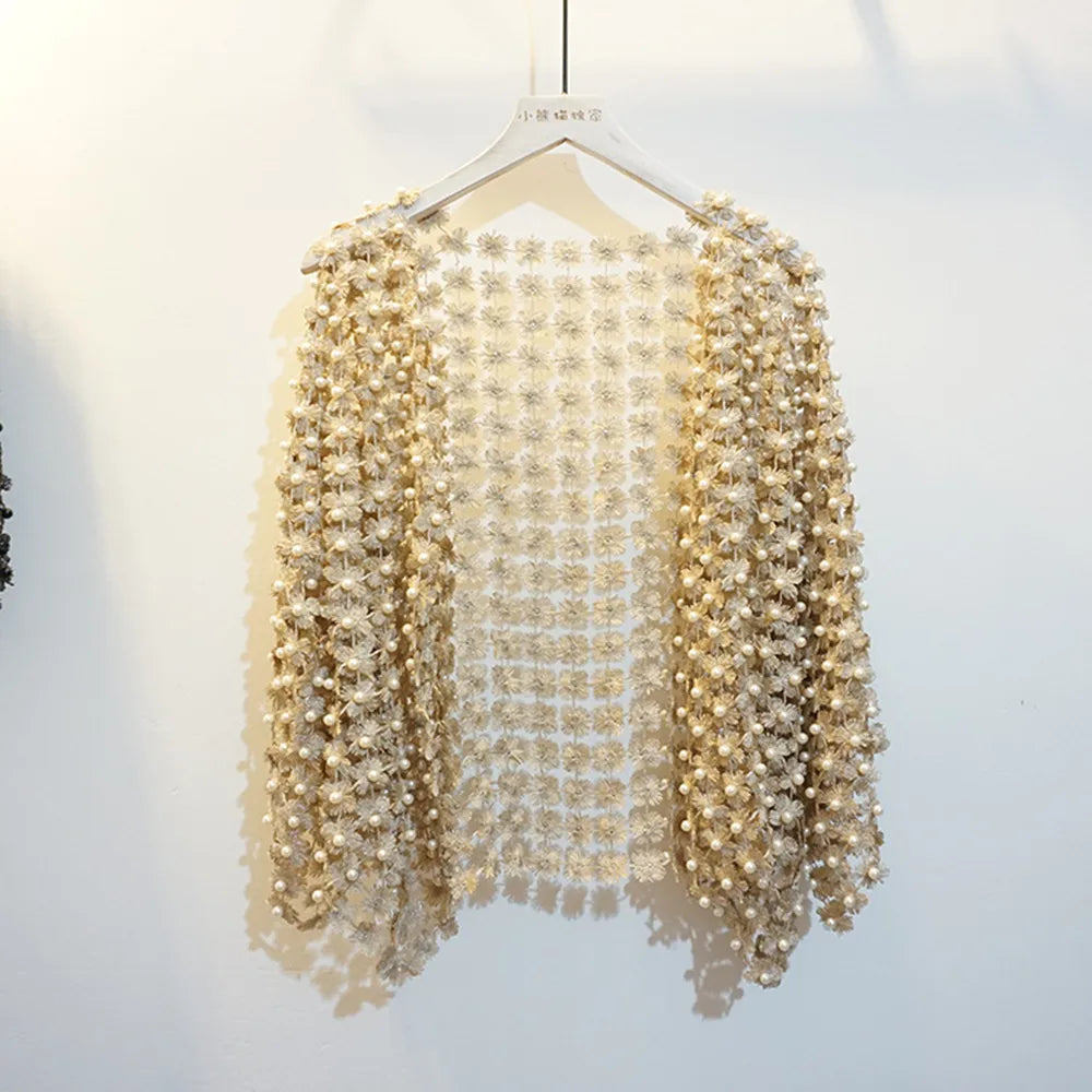 Women Beads Coat Style Women Perspective Shawl Fashion Hollow Out Lace Boleros Short Sleeve Coats Jackets Femal