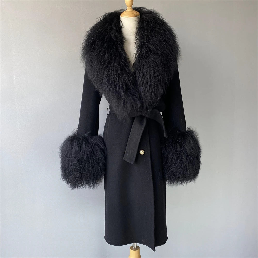 Women Cashmere Wool Coat With Real Mongolian Sheep Fur Collar  Ladies Autumn Winter Fashion Long Outwear Full Sleeve Fur Jacket