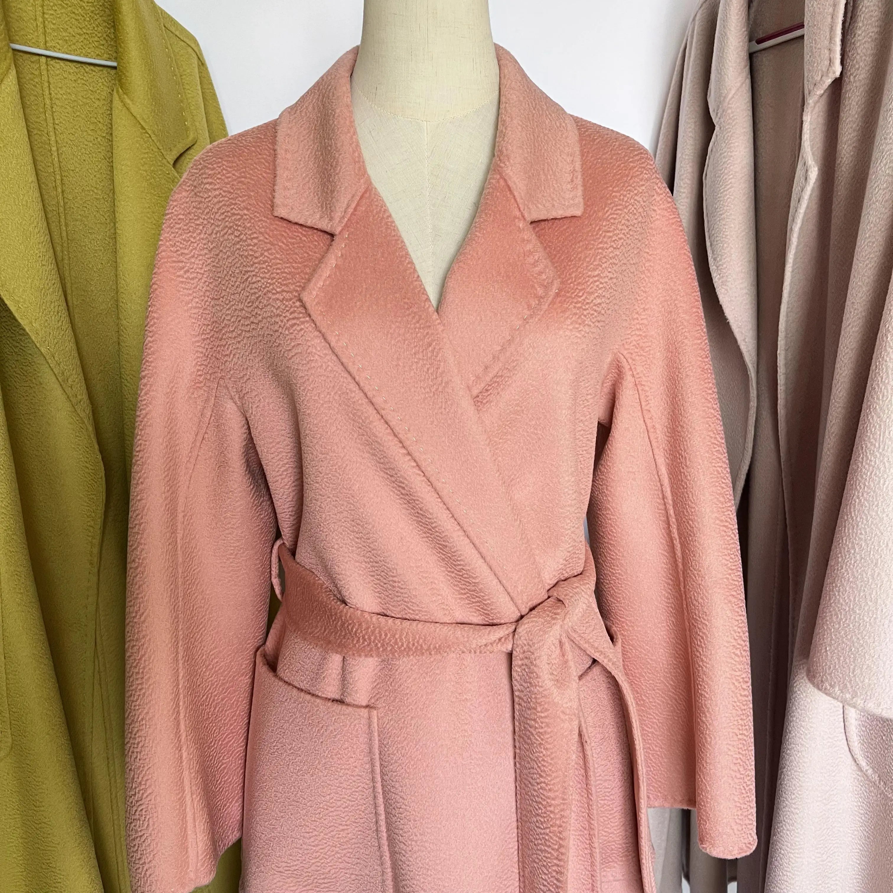 Cashmere Coat Female Winter Mid-Length Corrugated Coat Black Wool Coat Woman Autumn New Casual Fashion Red Beige Lace-Up Coat