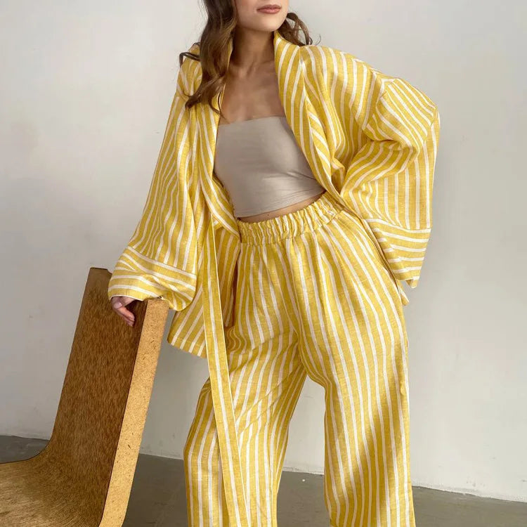 Women's Clothing 2025 Autumn New Striped Long-sleeved Loose Lace Top High Waist Trousers Fashionable Casual Suit