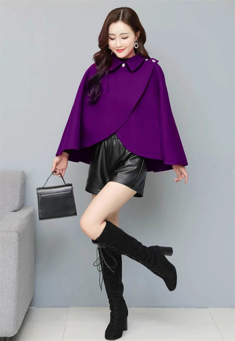 Fashion Woolen Shawl Coat For Women 2025 Autumn Winter New Woolen Jacket Short Outerwear Cape Red Black Coat Tops Female
