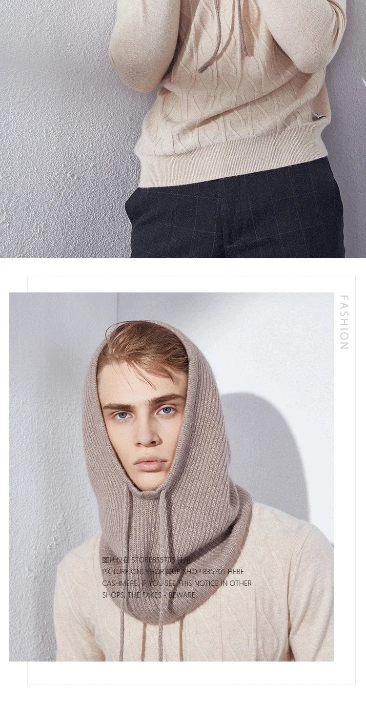 Wool Cashmere Knitted Hood Hat Scarf Elegant Hats Beanies Women Men Winter Neck Warm Balaclava Headgear Caps Unisex 4 New Colors