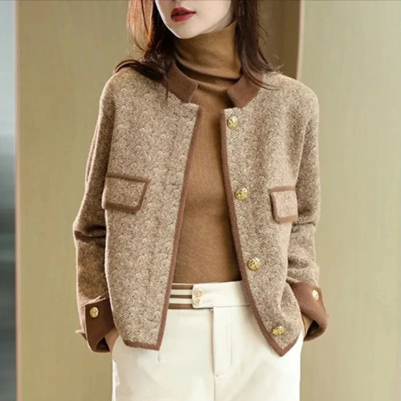 Knitting Wool Blend Coat for Women New In Round Neck Mixtures Jacket Woman Fashion 2025 High Quality Medium Elegant Hot Autumn
