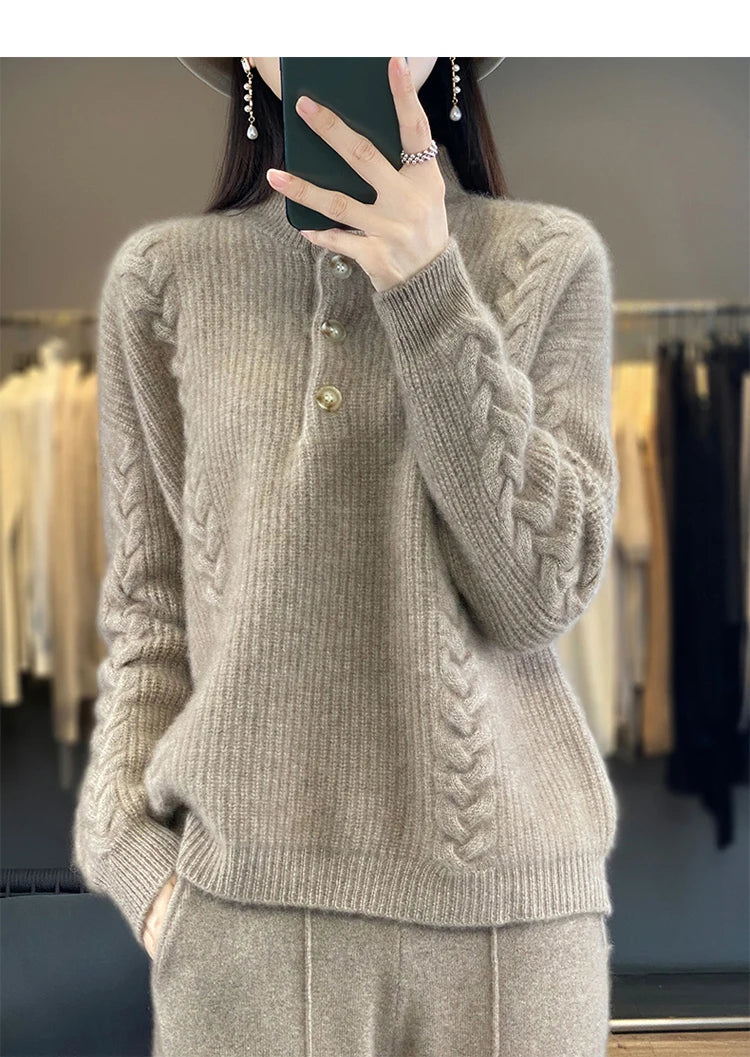 Cashmere Sweater Women's 2023 Autumn/Winter New Knitted Half High Collar Pullover 100% Wool Loose Korean Fashion Luxury Top